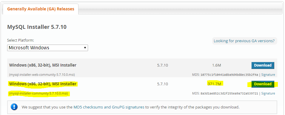 MySQL MSI download